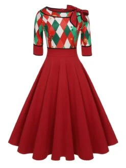 Green 1950s Christmas Plaid Patchwork Dress -Retro Pulse Shop SCHL003168 1 compressed