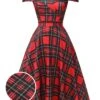 Red 1950s Christmas Plaid Off-Shoulder Dress -Retro Pulse Shop SCHL003169 01