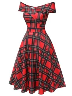 Red 1950s Christmas Plaid Off-Shoulder Dress -Retro Pulse Shop SCHL003169 2