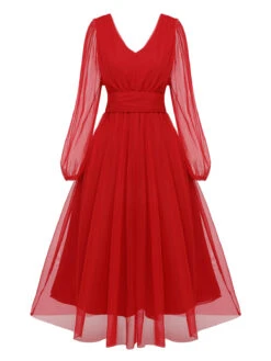 Red 1950s Sheer Sleeve Mesh Dress 10 Red 1950s Sheer Sleeve Mesh Dress -Retro Pulse Shop SCHL003209 1