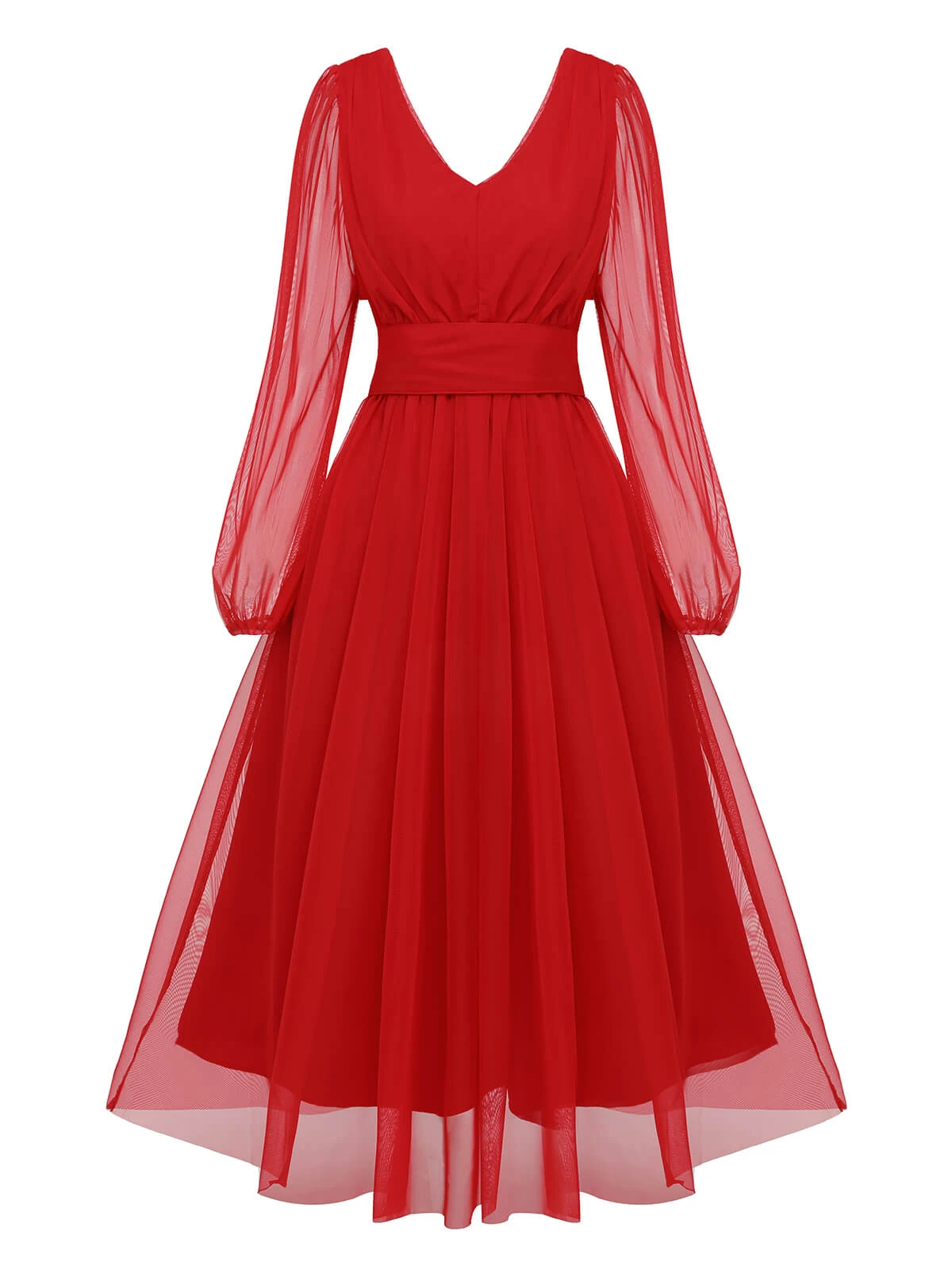 Red 1950s Sheer Sleeve Mesh Dress 4 Red 1950s Sheer Sleeve Mesh Dress - Image 2