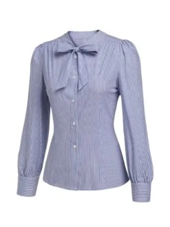 Blue 1950s Tie Neck Stripes Blouse -Retro Pulse Shop SCHL003233 2 compressed