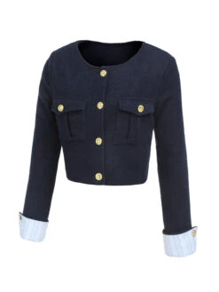 Dark Blue 1950s Buttoned Rolled Sleeve Coat -Retro Pulse Shop SCHL003240 2
