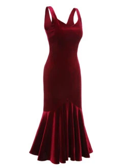 Wine Red 1930s Strap Velvet Mermaid Dress -Retro Pulse Shop SCHL003281 WR 3