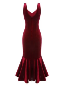 Wine Red 1930s Strap Velvet Mermaid Dress -Retro Pulse Shop SCHL003281 WR 4