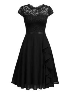 1940s Ruffles Lace Floral Solid Dress -Retro Pulse Shop SCHL003285 B 1