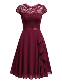 1940s Ruffles Lace Floral Solid Dress -Retro Pulse Shop SCHL003285 WR 1