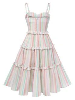 Multicolor 1950s Spaghetti Strap Striped Dress -Retro Pulse Shop SCHL003290 3