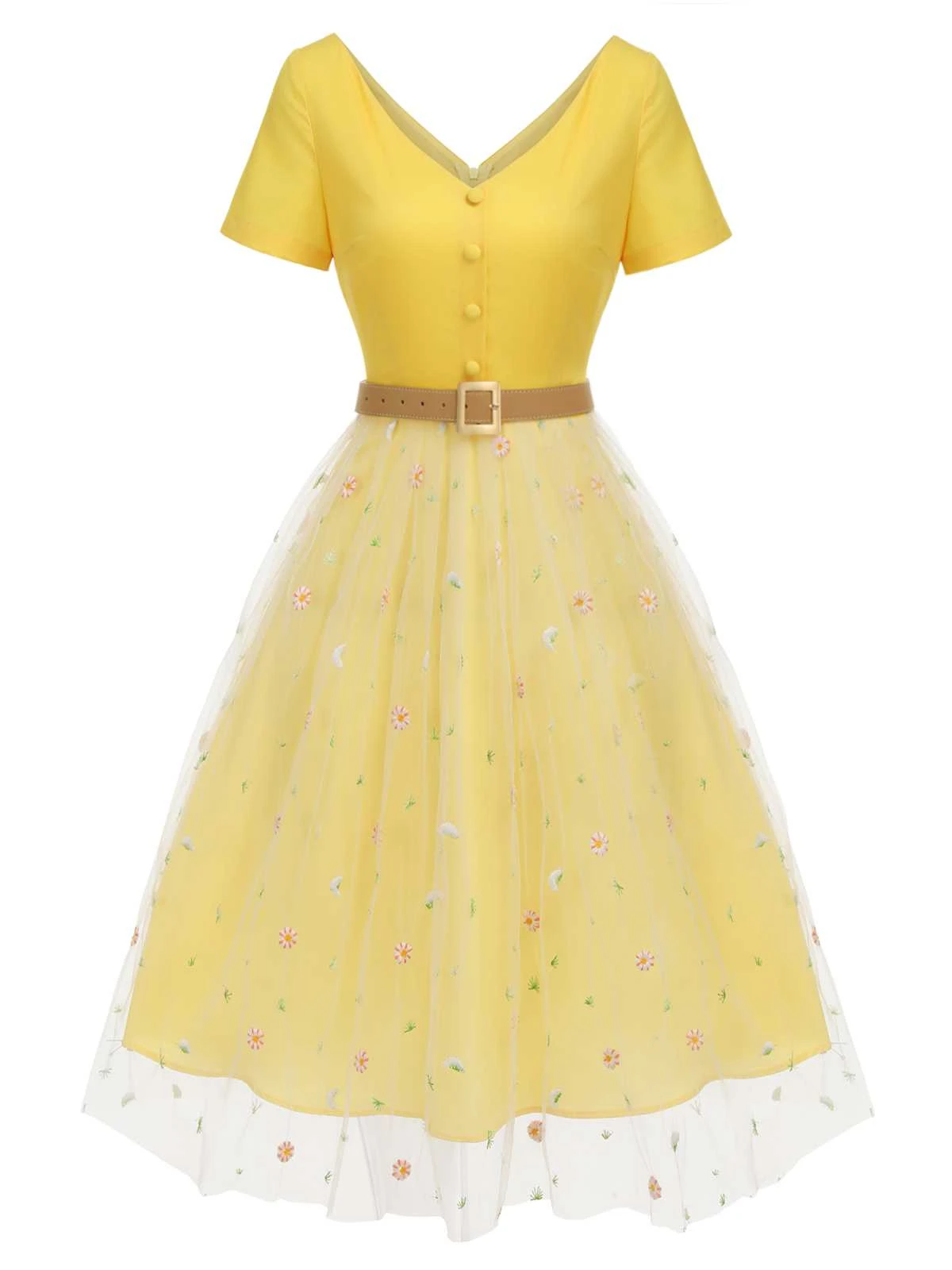 Yellow 1950s V-Neck Daisy Mesh Dress 4 Yellow 1950s V-Neck Daisy Mesh Dress - Image 2