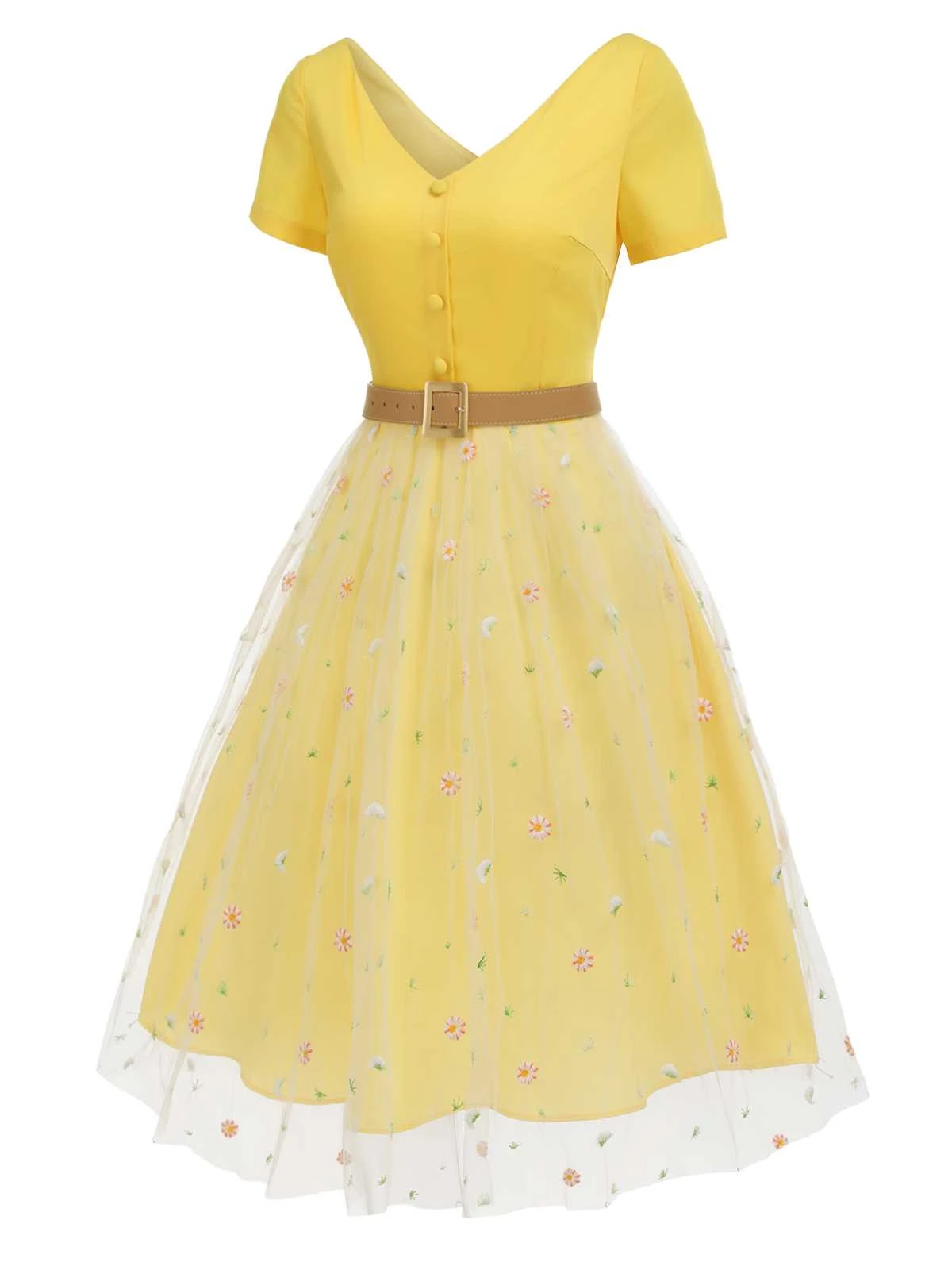 Yellow 1950s V-Neck Daisy Mesh Dress 5 Yellow 1950s V-Neck Daisy Mesh Dress - Image 3