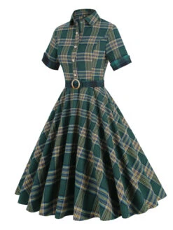 Dark Army Green 1950s Lapel Plaid Dress -Retro Pulse Shop SCHL003317 DEG 1 3