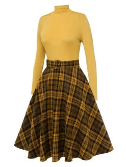 Yellow 1950s Plaid Turtleneck Belted Dress -Retro Pulse Shop SCHL003331 2
