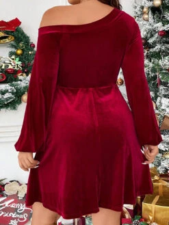 [Plus Size] Red 1950s Solid One-Shoulder Velvet Dress -Retro Pulse Shop SCHL003361 R 2