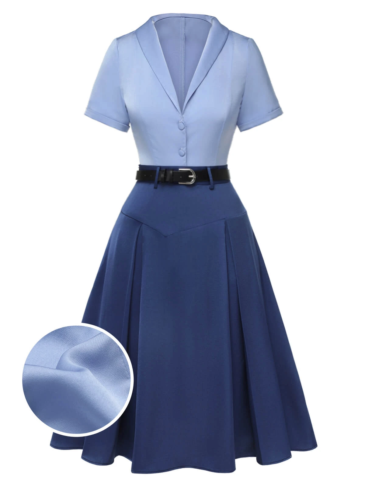 2PCS Dark Blue 1950s Solid Lapel Blouse & Pleated Skirt 3 2PCS Dark Blue 1950s Solid Lapel Blouse & Pleated Skirt