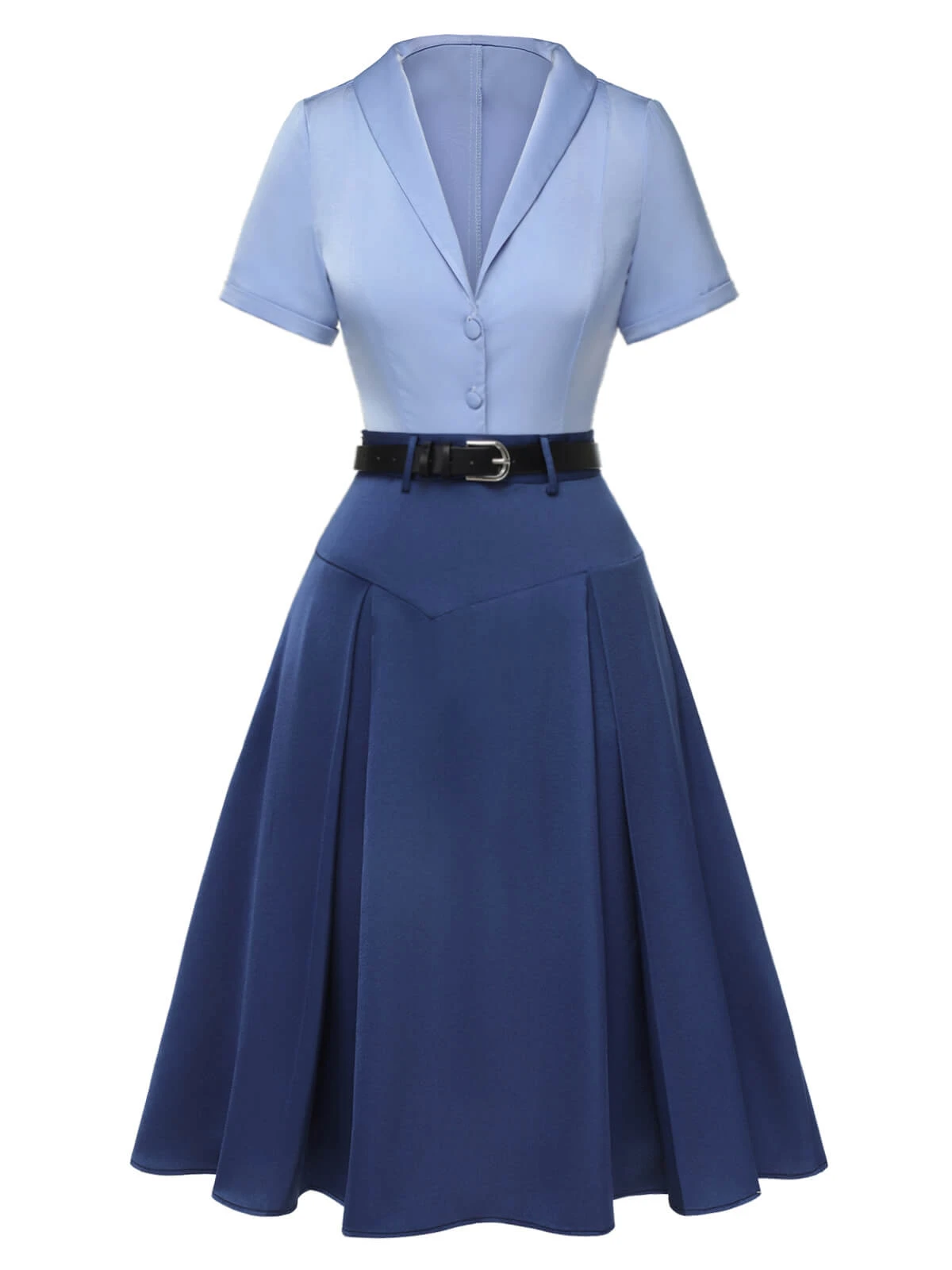 2PCS Dark Blue 1950s Solid Lapel Blouse & Pleated Skirt 4 2PCS Dark Blue 1950s Solid Lapel Blouse & Pleated Skirt - Image 2