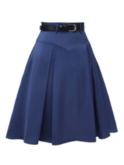 Dark Blue 1950s Solid High-Waist Pleated Skirt -Retro Pulse Shop SCHL003376 2