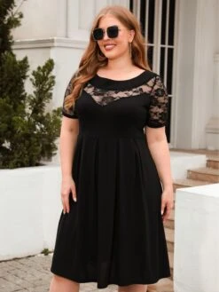 [Plus Size] 1940s Hollow Lace Solid Dress -Retro Pulse Shop SCHL003395 B 1 2