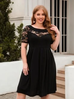 [Plus Size] 1940s Hollow Lace Solid Dress -Retro Pulse Shop SCHL003395 B 1 5