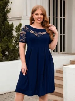 [Plus Size] 1940s Hollow Lace Solid Dress -Retro Pulse Shop SCHL003395 RBL 1 2