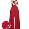 Red 1930s Halter Deep V-Neck Roses Jumpsuit -Retro Pulse Shop SCHL003424 01