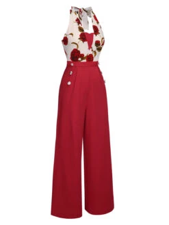 Red 1930s Halter Deep V-Neck Roses Jumpsuit -Retro Pulse Shop SCHL003424 2