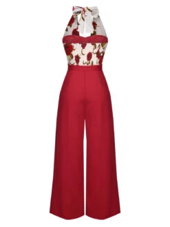 Red 1930s Halter Deep V-Neck Roses Jumpsuit -Retro Pulse Shop SCHL003424 3