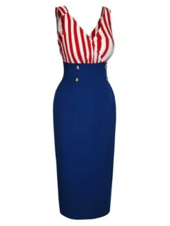 [Pre-Sale] 1960s V-Neck Red Blue Contrast Stripes Dress -Retro Pulse Shop SCHL003431 2 compressed