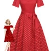 Red 1950s Off-Shoulder Polka Dots Belted Dress 2 Red 1950s Off-Shoulder Polka Dots Belted Dress -Retro Pulse Shop SCHL003434 01