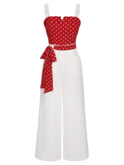 Red 1950s Polka Dot Spaghetti Strap Jumpsuit -Retro Pulse Shop SCHL003435 1
