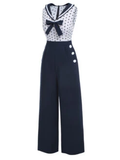 Blue 1940s Polka Dot Bow Lapel Jumpsuit -Retro Pulse Shop SCHL003472 2