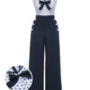 Blue 1940s Polka Dot Bow Lapel Jumpsuit