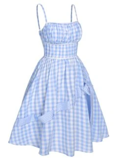 Blue 1950s Spaghetti Strap Plaids Bow Decor Dress -Retro Pulse Shop SCHL003473 2 compressed