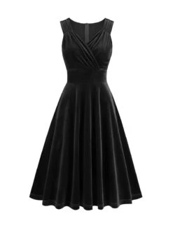 1950s Solid V-Neck Pleated Velvet Dress -Retro Pulse Shop SCHL003484 B 1 1