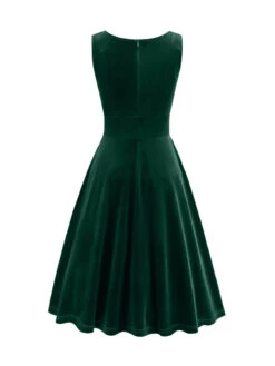 1950s Solid V-Neck Pleated Velvet Dress -Retro Pulse Shop SCHL003484 DG 1 1