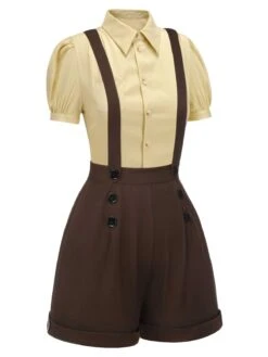 2PCS 1940s Lapel Blouse & Buttons Overall Shorts -Retro Pulse Shop SCHL003498 SCH001190 2 compressed