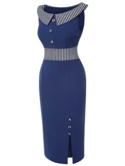 Dark Blue 1960s Buttoned Stripes Dress -Retro Pulse Shop SCHL003502 2 compressed