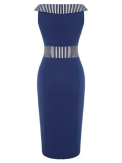 Dark Blue 1960s Buttoned Stripes Dress -Retro Pulse Shop SCHL003502 3 compressed