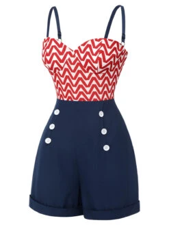 Red & Blue 1950s Chevron Stripe Strap Romper -Retro Pulse Shop SCHL003513 2