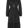 Black 1960s V-Neck Puff Sleeve Solid Dress
