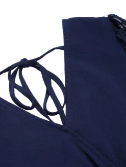 Dark Blue 1960s Jacquard V-Neck Bishop Sleeve Dress -Retro Pulse Shop SCHL003522 RBL 01 5