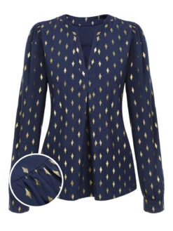 1940s Foil Stamping Stars V-Neck Blouse 36 1940s Foil Stamping Stars V-Neck Blouse -Retro Pulse Shop SCHL003523 01