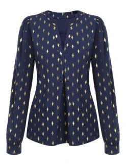 1940s Foil Stamping Stars V-Neck Blouse 37 1940s Foil Stamping Stars V-Neck Blouse -Retro Pulse Shop SCHL003523 1