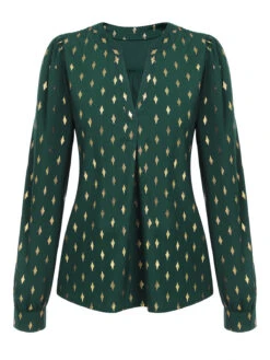 1940s Foil Stamping Stars V-Neck Blouse 30 1940s Foil Stamping Stars V-Neck Blouse -Retro Pulse Shop SCHL003523 G 1