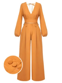 2PCS 1950s V-Neck Lantern Sleeve Blouse & Pants -Retro Pulse Shop SCHL003530 07