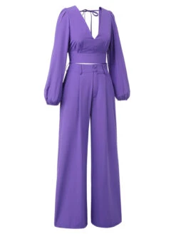 2PCS 1950s V-Neck Lantern Sleeve Blouse & Pants -Retro Pulse Shop SCHL003530 2