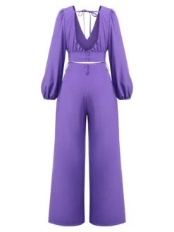 2PCS 1950s V-Neck Lantern Sleeve Blouse & Pants -Retro Pulse Shop SCHL003530 3