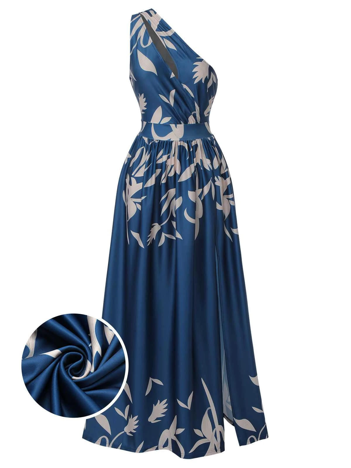 Blue 1940s One-Shoulder Plants Slit Dress 3 Blue 1940s One-Shoulder Plants Slit Dress