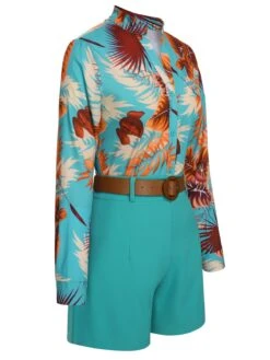 2PCS Blue 1950s Tropical Blouse & Shorts With Belt -Retro Pulse Shop SCHL003536 2