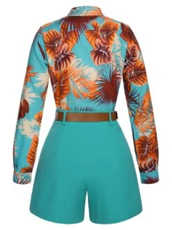 2PCS Blue 1950s Tropical Blouse & Shorts With Belt -Retro Pulse Shop SCHL003536 3