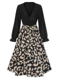Black 1950s Leopard V-Neck Patchwork Dress 10 Black 1950s Leopard V-Neck Patchwork Dress -Retro Pulse Shop SCHL003551 1